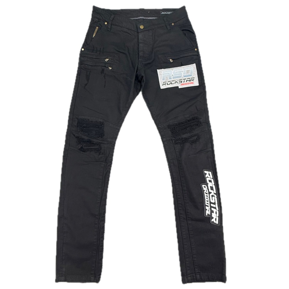 Rockstar Original Jeans Mens 34 Black Distressed Moto Slim Patchwork Button fly